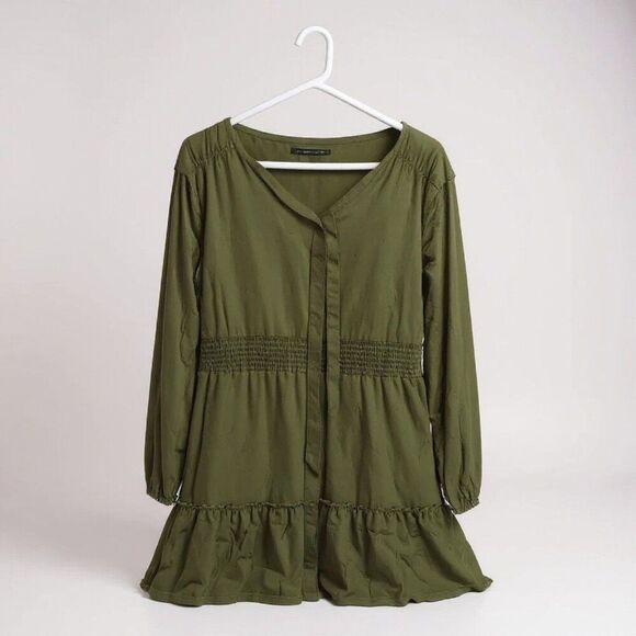 Unbranded Dresses & Skirts - Boho Women’s XL Olive Green Long Balloon Sleeve Tiered Smocked Waist Mini Dress